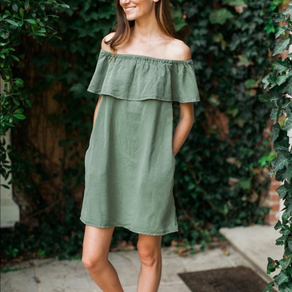 TopShop Olive Green Ruffled Off Shoulder Dress - Picture 7 of 8